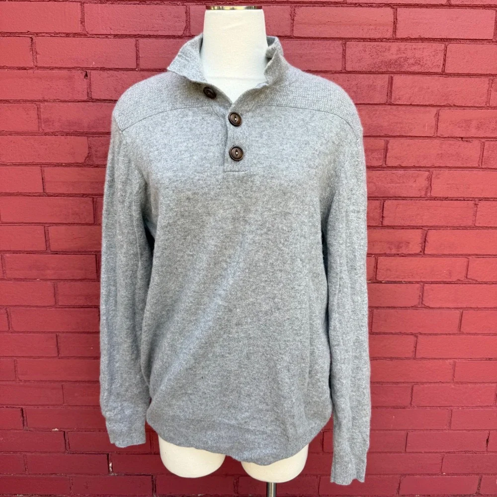 Tahari Cashmere Mock Neck Button Sweater Mens Large Gray Pullover Old Money